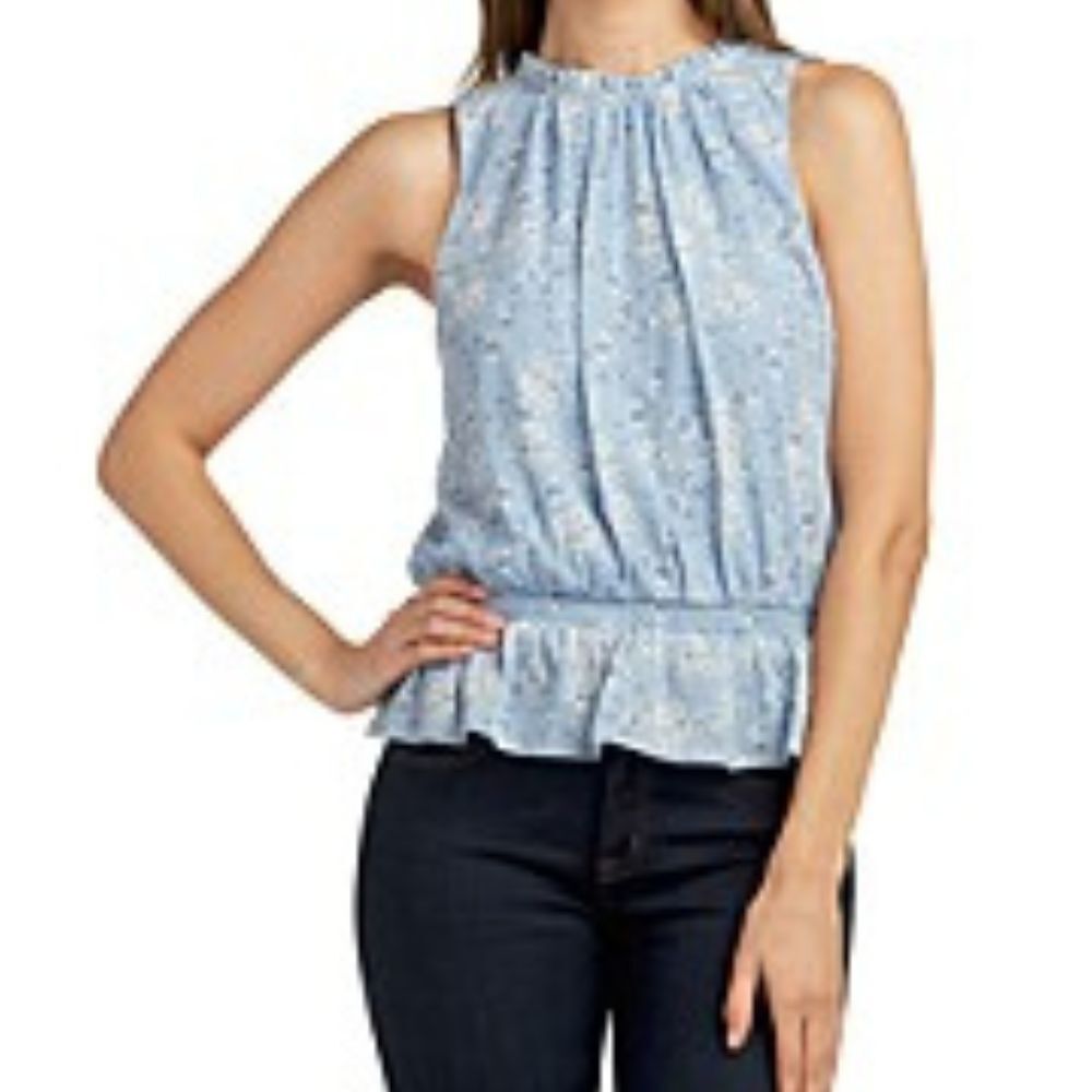 BCX Juniors Sleeveless Peplum Top XS Elastic Waist Blue w/ White Floral Pattern